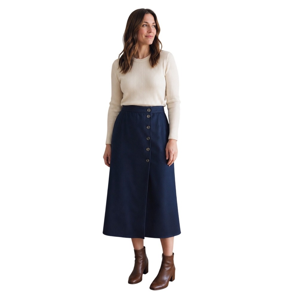 Harve Benard Navy Blue 100% Wool Button Front Midi Skirt 16 Dark Academia Office